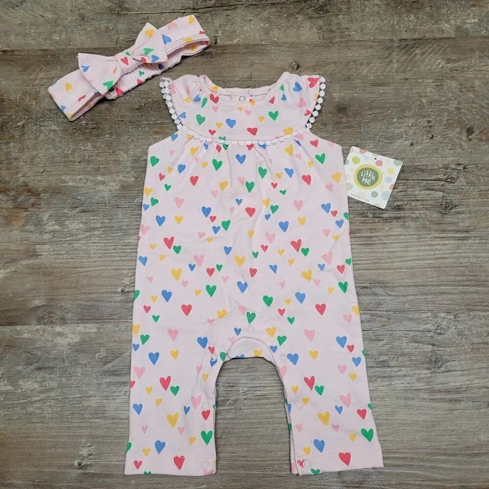 Little Me Dillard's Heart Print Girls 3 Months Jumpsuit & Headband, 2 Piece‎ Set